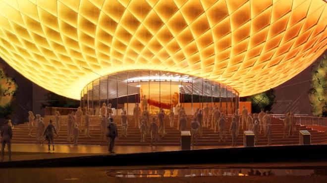 A more detailed rendering of the "National Light" building, seen at night, as proposed for Philadelphia's LOVE Park.